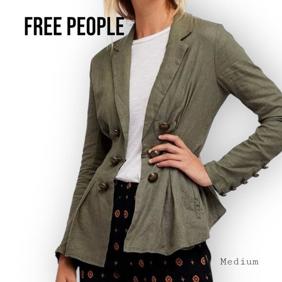 Free People Green Double Breasted Cinched Linen Military Jacket Size Medium - Picture 1 of 10